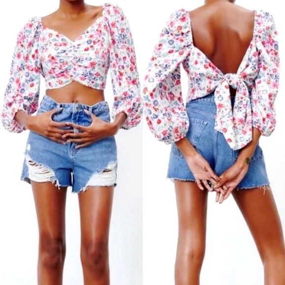 Zara White Colorful Floral Fairy Boho Smocked Tie Back Linen Blend Crop Top - Picture 1 of 12